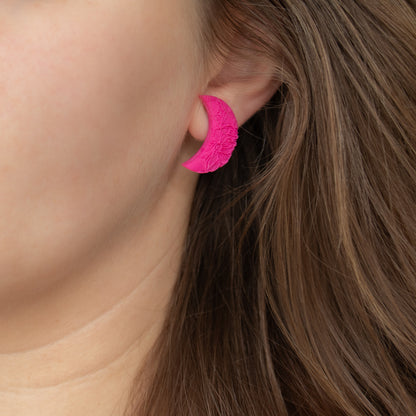 Handmade Magenta Moon Stud Earrings – Textured Polymer Clay Stud Earrings