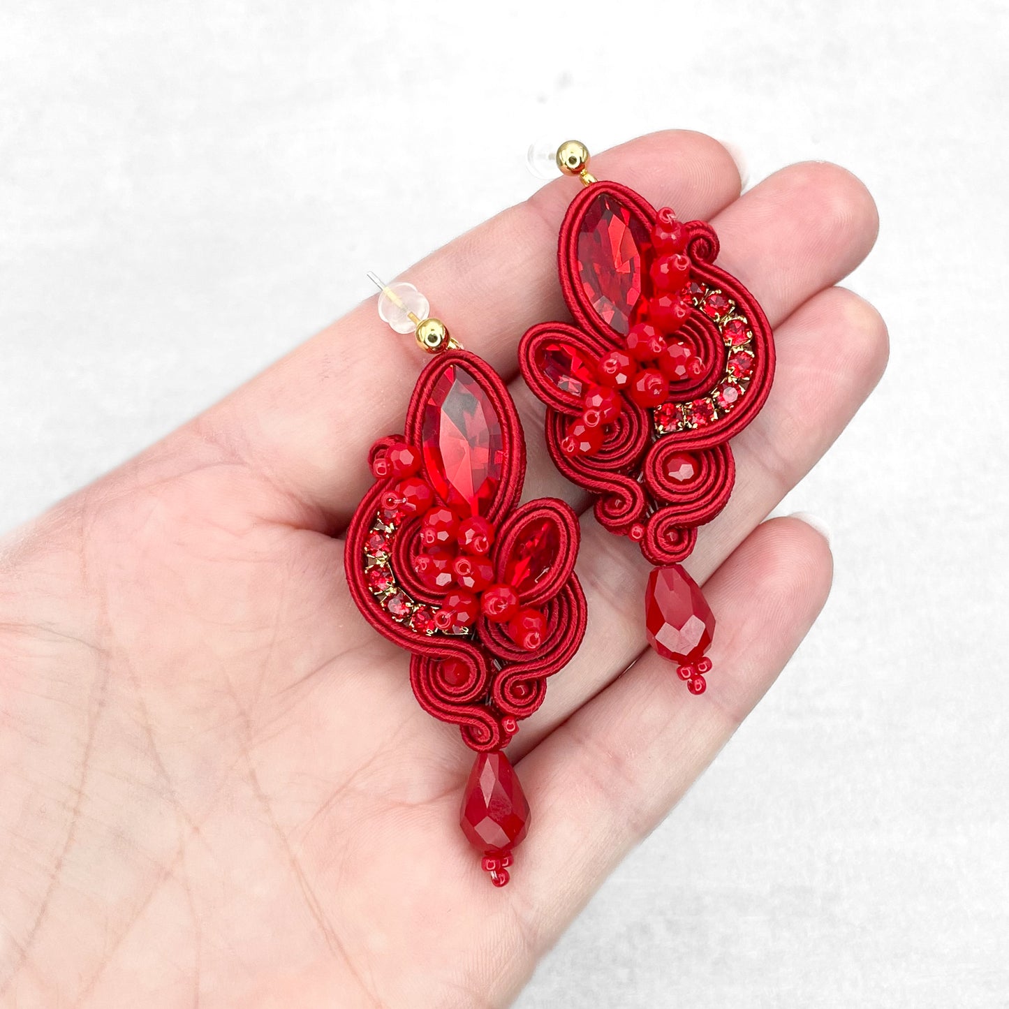 Red soutache earrings. Exclusive and statement handmade earrings.