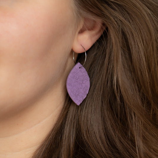 Handmade Violet Oval Earrings – Textured Polymer Clay with Hoops