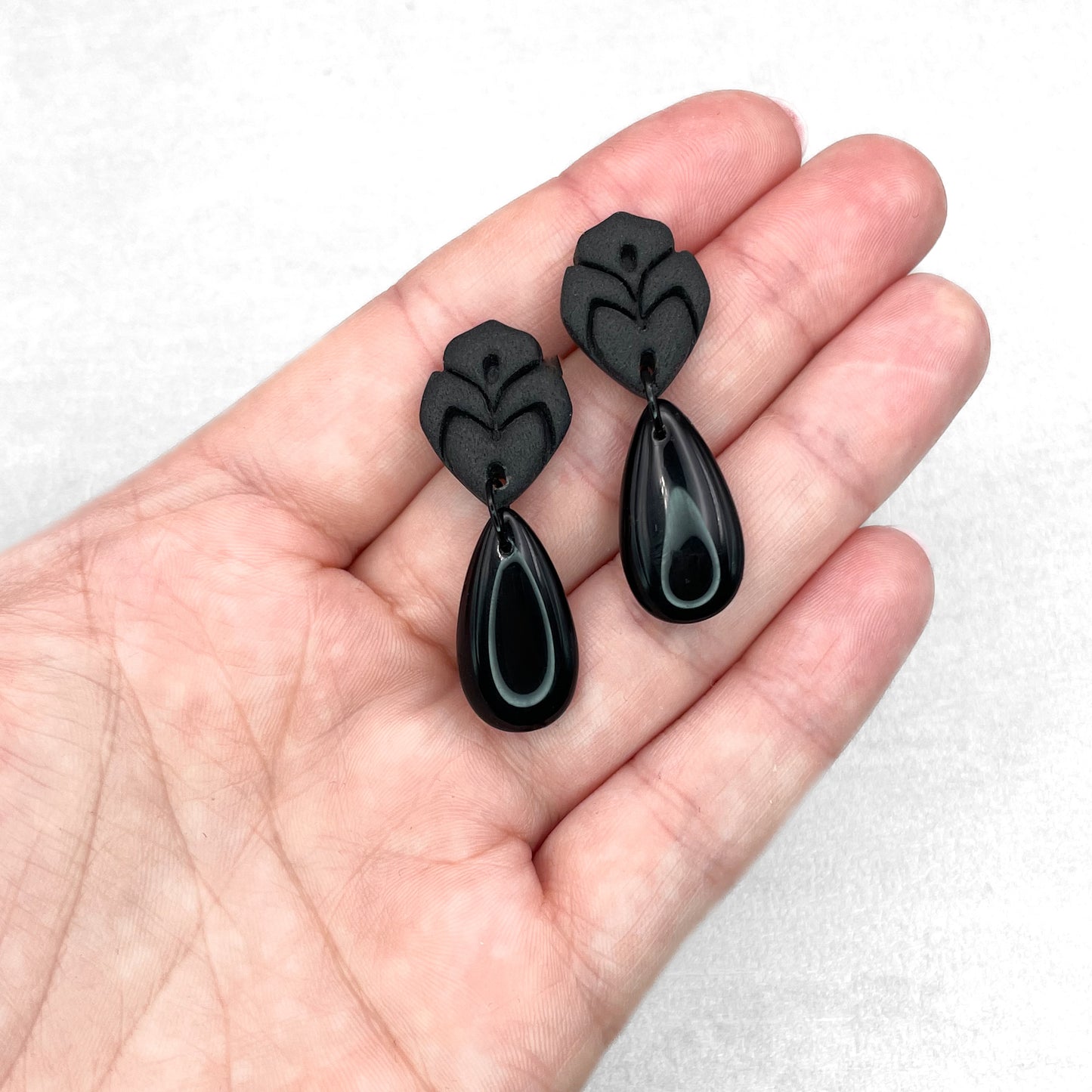 Handmade Black Polymer Clay Earrings with Glass Teardrops