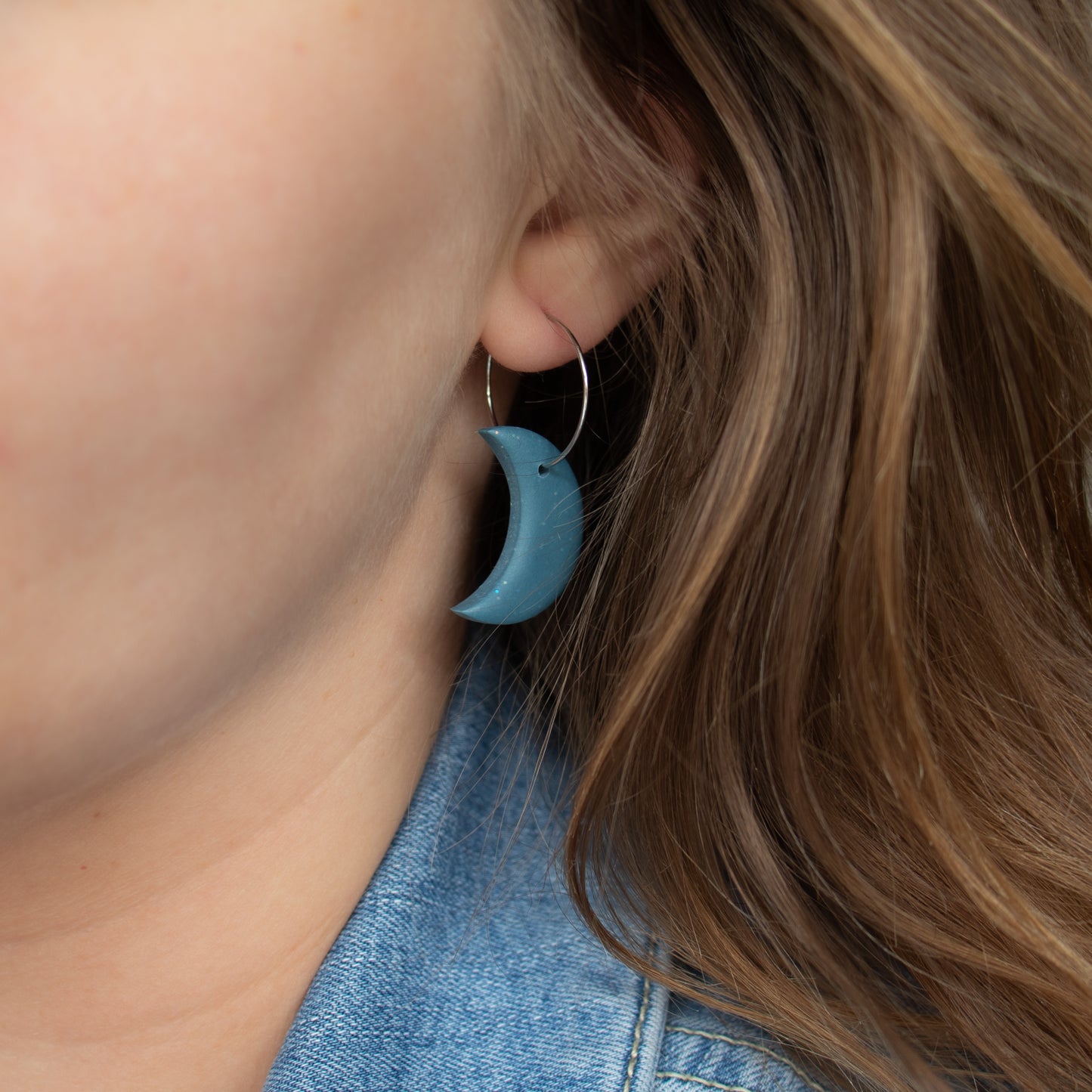 Moon polymer clay earrings. Steel blue with glitter handmade earrings.