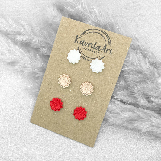 Set of 3 Pairs Flower Stud Earrings – Handmade Polymer Clay Studs