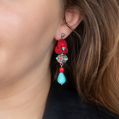 Red and turquoise handmade earrings. Statement soutache earrings with charms.