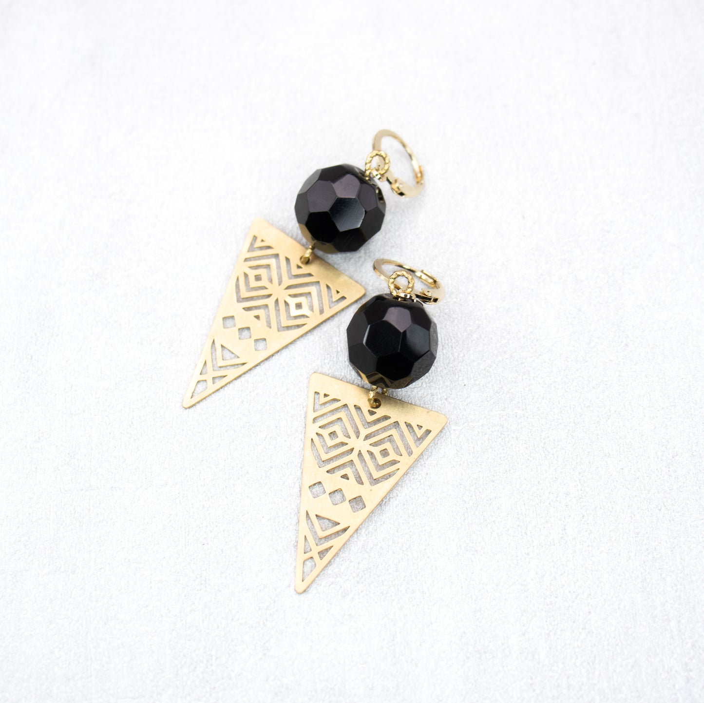 Handmade Rectangle Boho Earrings with Black Beads and Gold Charms