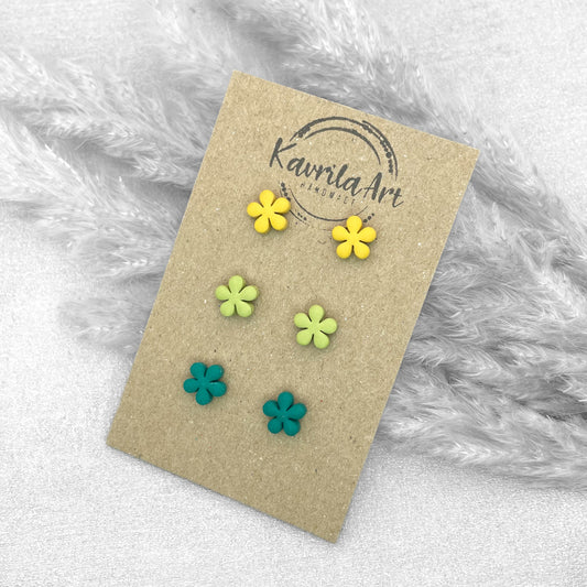 Set of 3 Pairs Floral Stud Earrings – Handmade Polymer Clay Studs