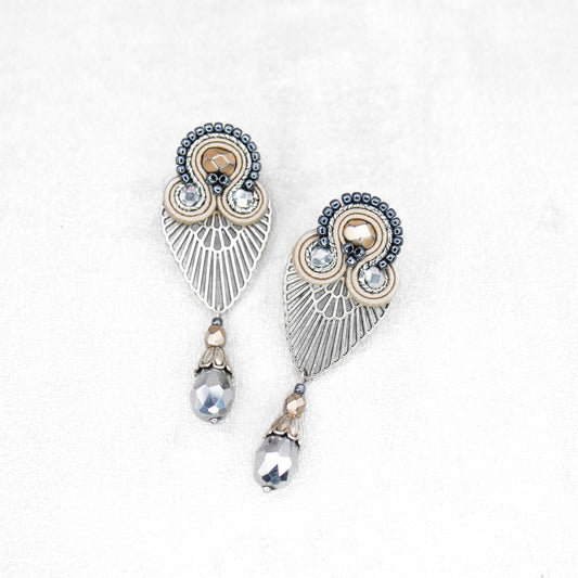 Handmade Sand, Light Grey, and Dark Grey Soutache Earrings – Oriental Charm Earrings