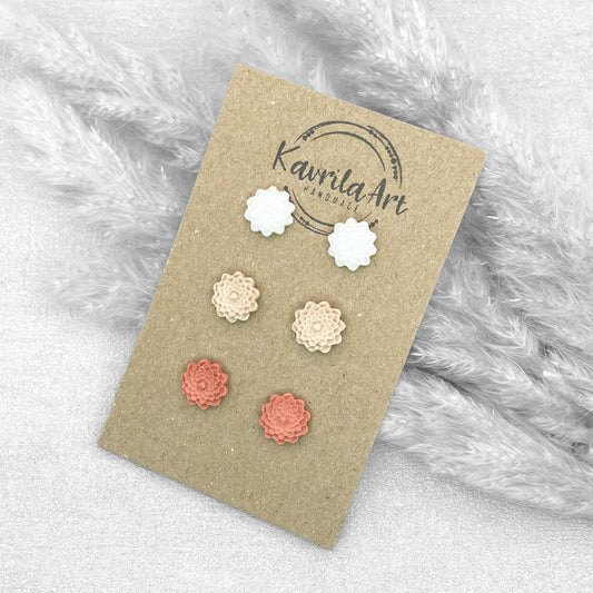 Set of 3 Pairs Flower Stud Earrings – Handmade Polymer Clay Studs