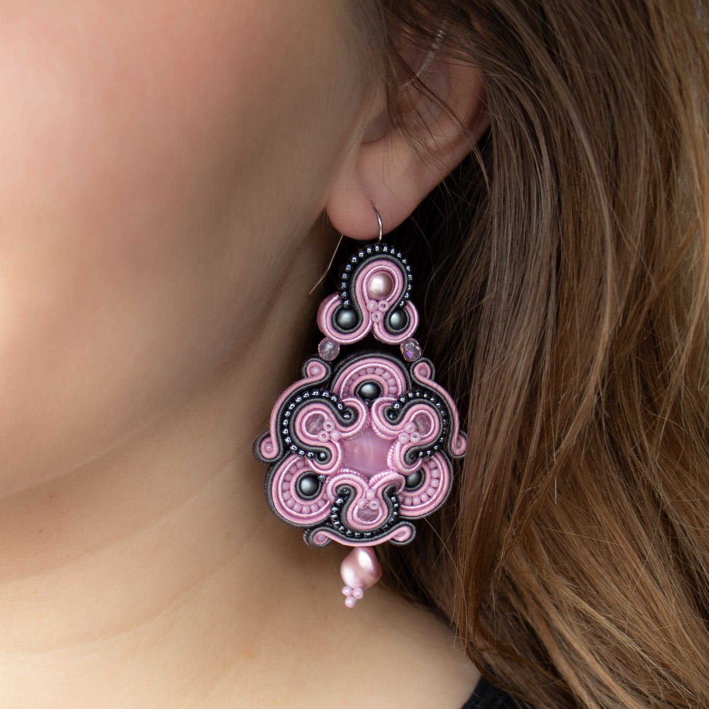 Pink and grey soutache earrings. Handmade earrings. Exclusive and statement earrings.