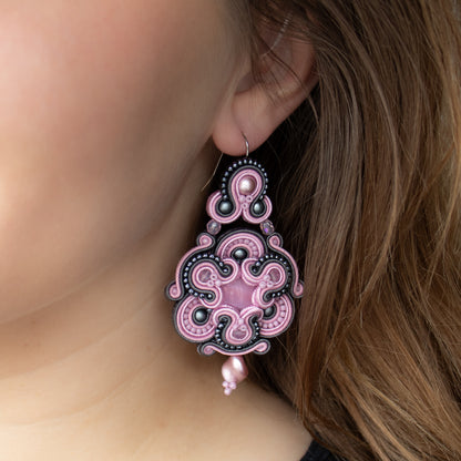 Pink and grey soutache earrings. Handmade earrings. Exclusive and statement earrings.