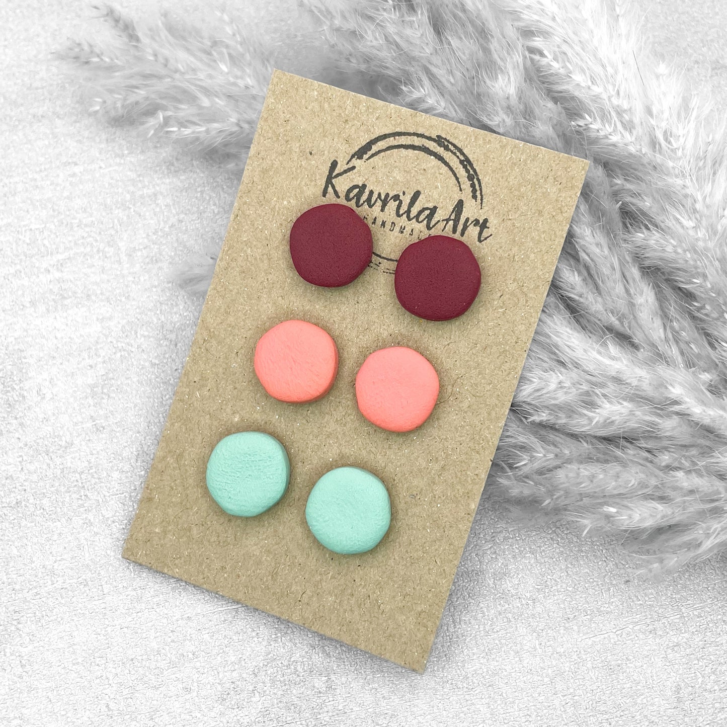 Set of 3 Pairs Circle Stud Earrings – Handmade Polymer Clay Studs