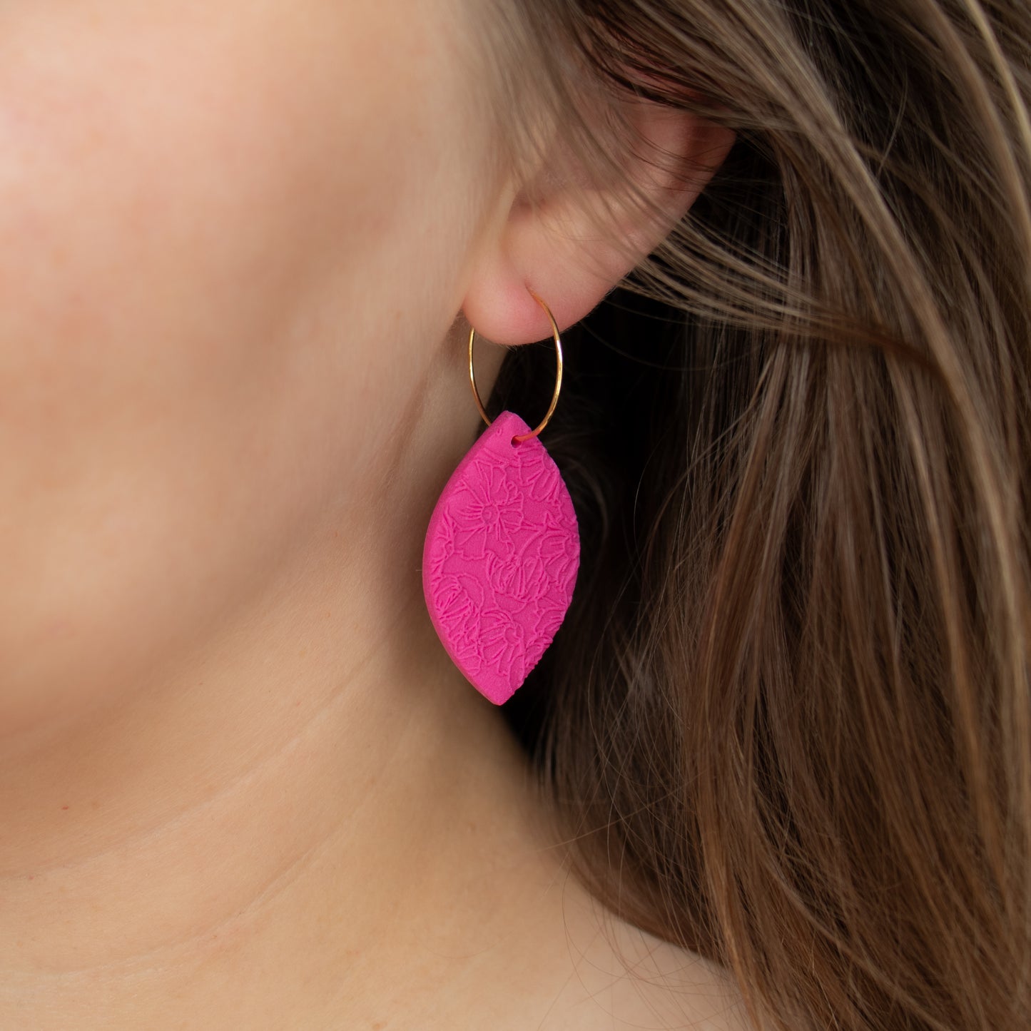 Handmade Magenta Oval Earrings – Textured Polymer Clay with Hoops