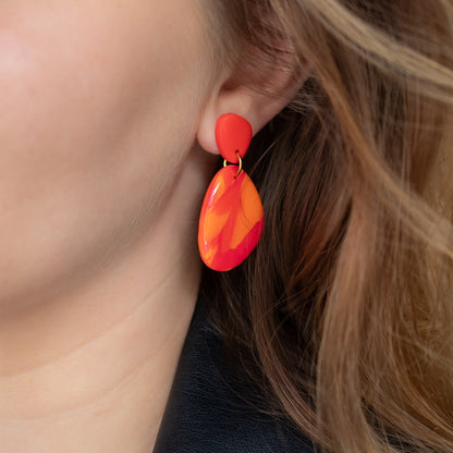 Handmade Orande Red Marble Earrings – Statement Polymer Clay Earrings