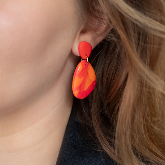 Handmade Orange Red Marble Earrings – Statement Polymer Clay Earrings