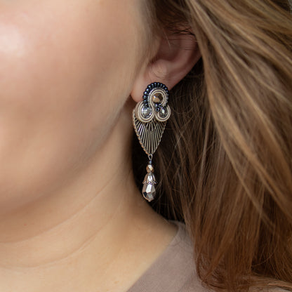 Sand, light grey and dark grey soutache earrings. Oriental handmade earrings