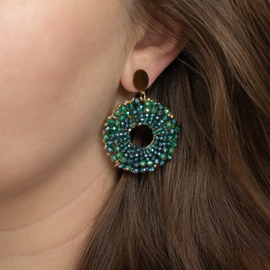 Dark Emerald Circles – Round Earrings with Glass Beads