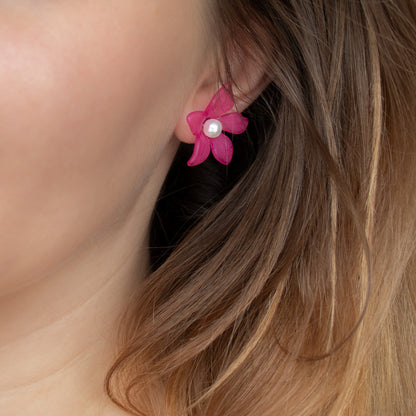 Magenta flower stud earrings. Handmade acrylic stud earrings.