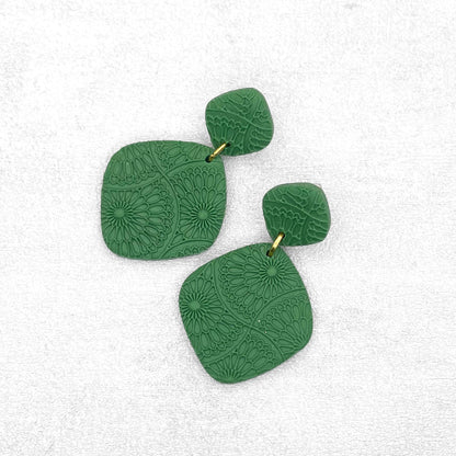 Handmade Forest Green Rhombus Earrings – Textured Polymer Clay Earrings