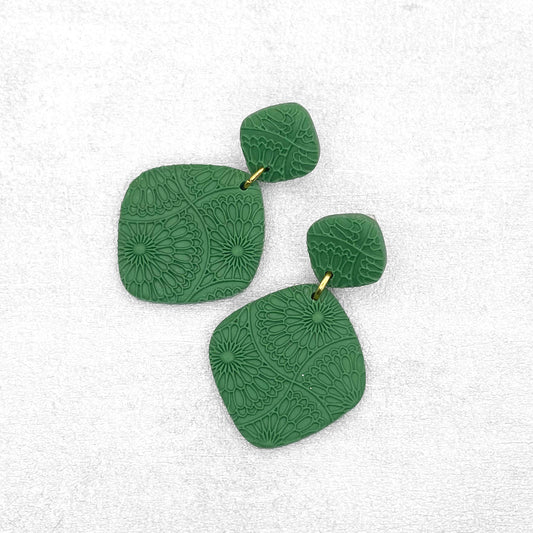 Forest green rhombus earrings. Handmade polymer clay earrings.