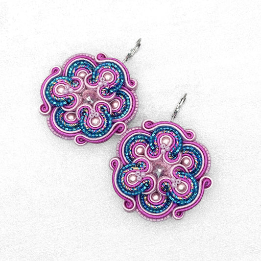 Pink, magenta and blue soutache earrings. Original handmade earrings.