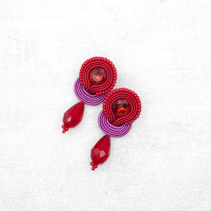 Red and magenta soutache earrings. Statement handmade earrings.