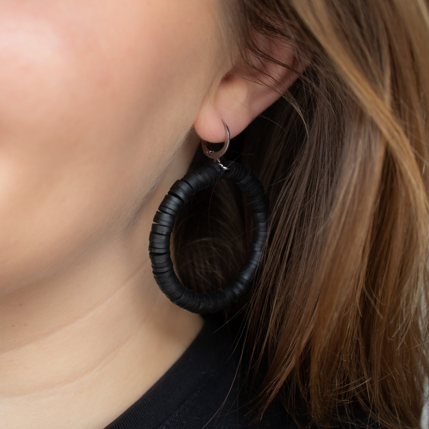 Handmade Black Polymer Clay Beads Hoop Earrings