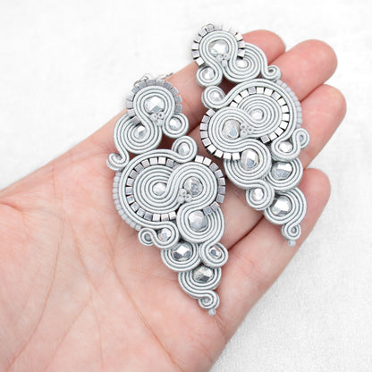 Light grey soutache earrings. Original handmade earrings.