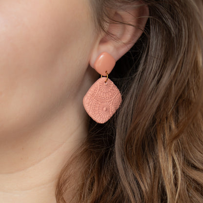 Handmade Light Peach Rhombus Earrings – Textured Polymer Clay Earrings