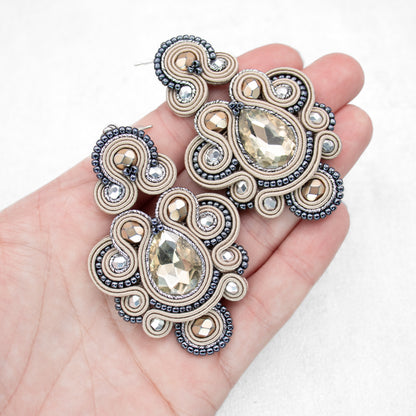 Sand and dark grey soutache earrings. Oriental handmade earrings.