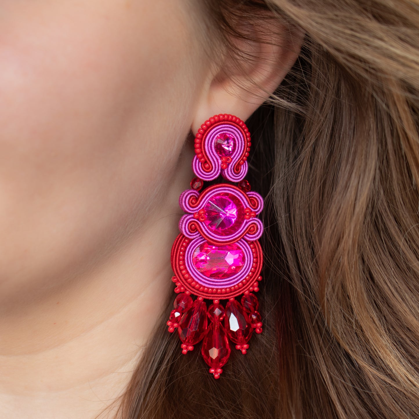 Red and magenta soutache earrings. Unique and statement earrings.