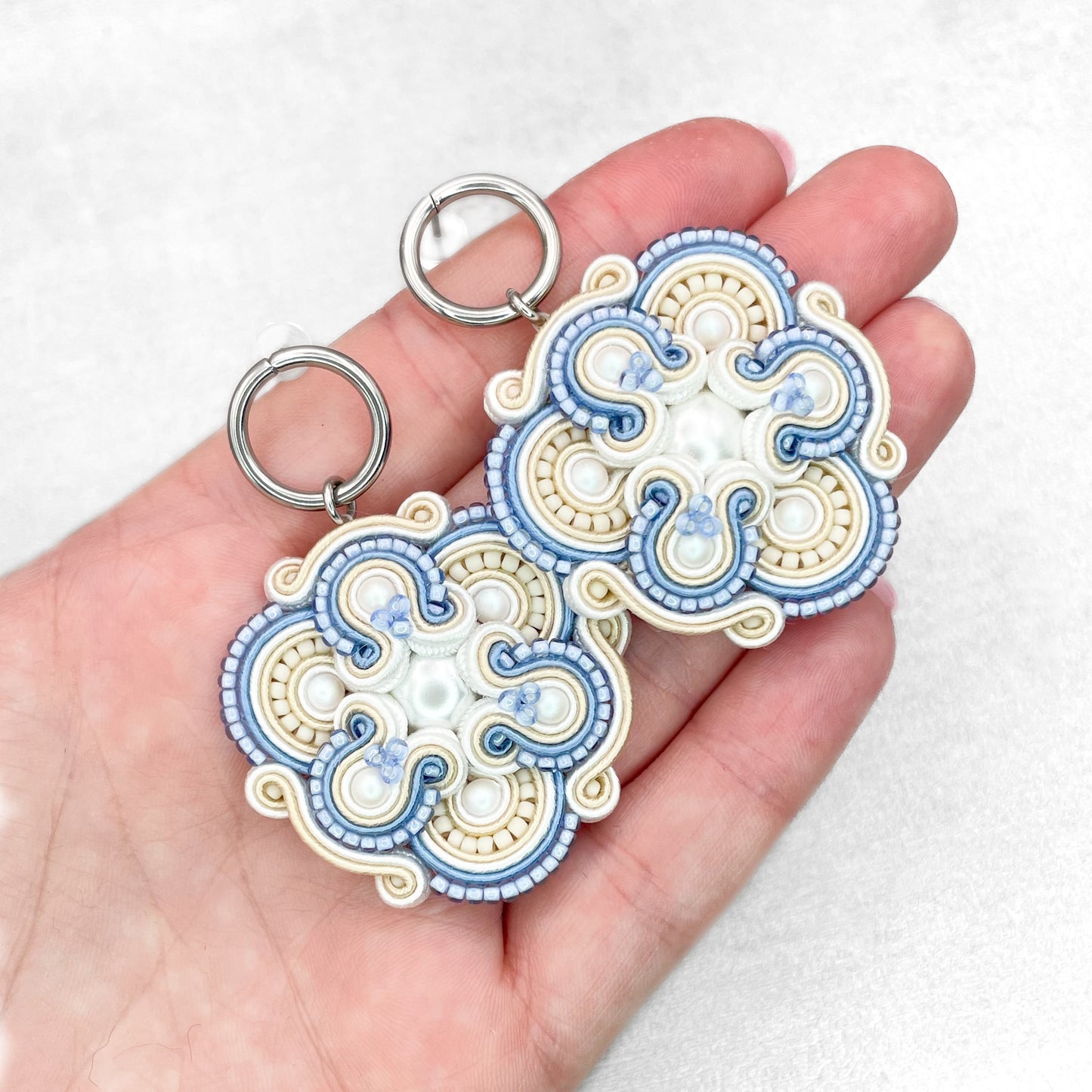 Light blue, white and cream soutache earrings. Unique and original handmade earrings.