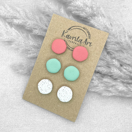 Set of 3 Pairs Circle Stud Earrings – Handmade Polymer Clay Studs