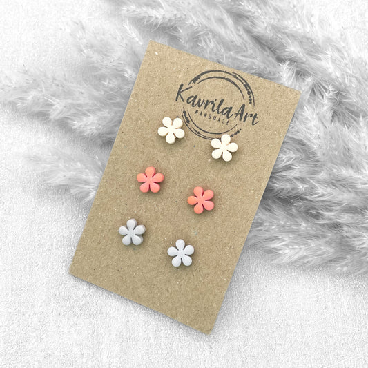 Set of 3 Pairs Floral Stud Earrings – Handmade Polymer Clay Studs