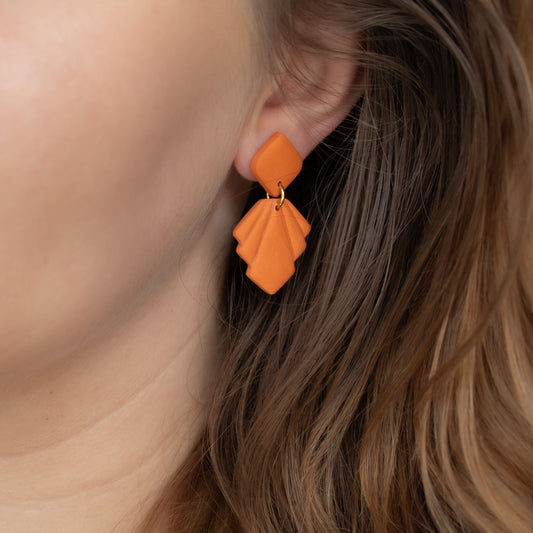 Handmade Orange Geometric Earrings – Textured Polymer Clay Earrings