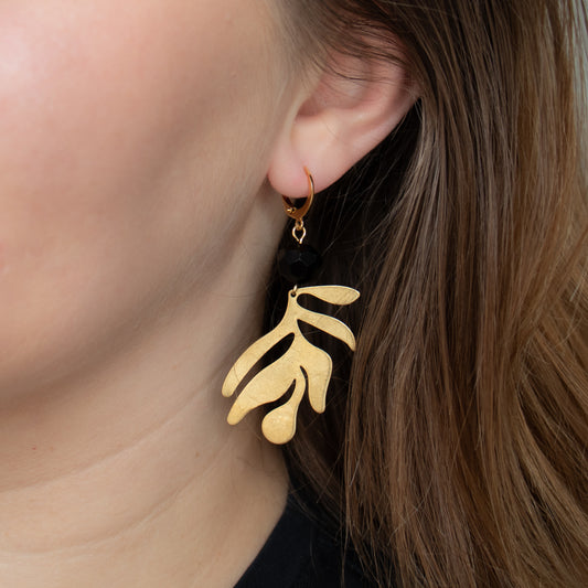 Handmade Leaf Earrings with Black Beads and Gold Charms