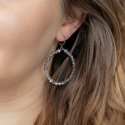 Glass beads hoop earrings. Grey handmade earrings.