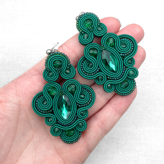 Handmade Dark Emerald Soutache Earrings – Original Design Earrings