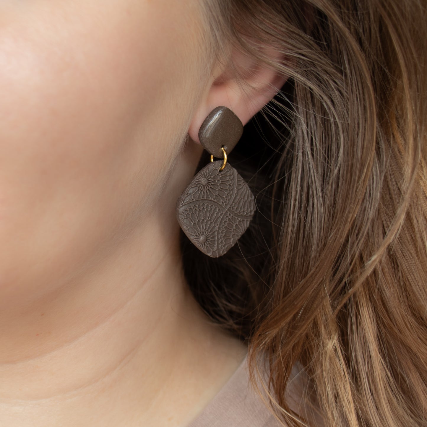 Handmade Brown Textured Rhombus Earrings – Polymer Clay Earrings