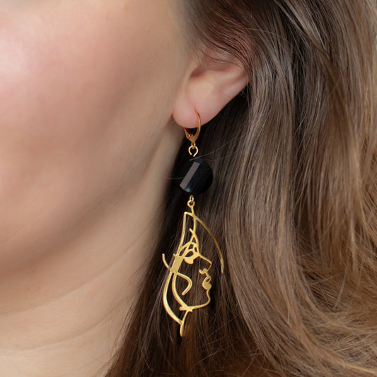 Handmade Face Earrings with Black Beads and Gold Charms