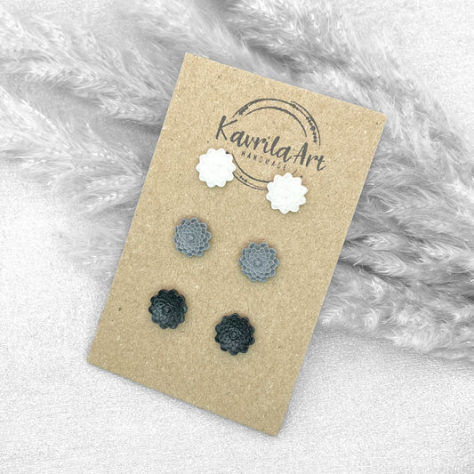 Set of 3 Pairs Flower Stud Earrings – Handmade Polymer Clay Studs