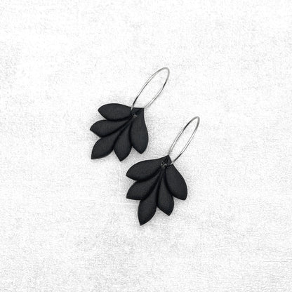 Handmade Black Leaf Earrings with Hoops – Polymer Clay Earrings