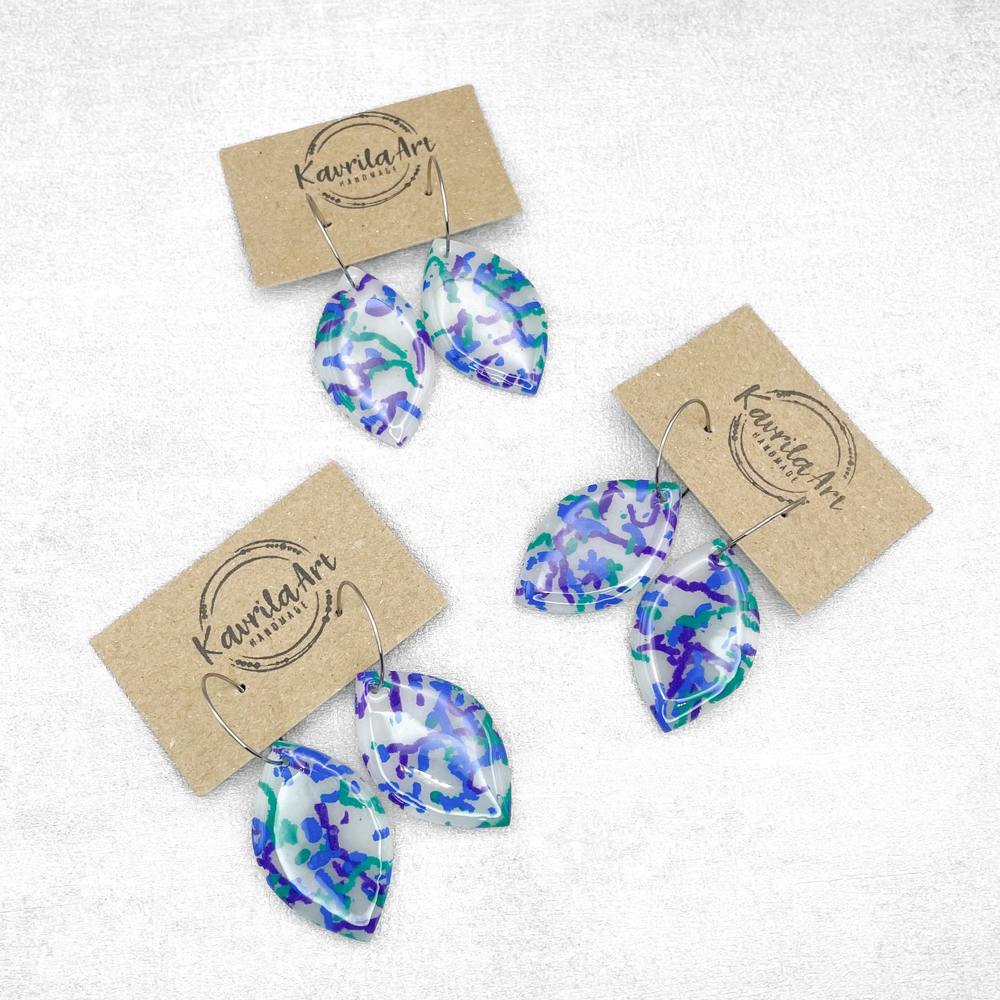 Handmade Cobalt, Emerald, and Purple Oval Earrings – Artistic Polymer Clay Earrings