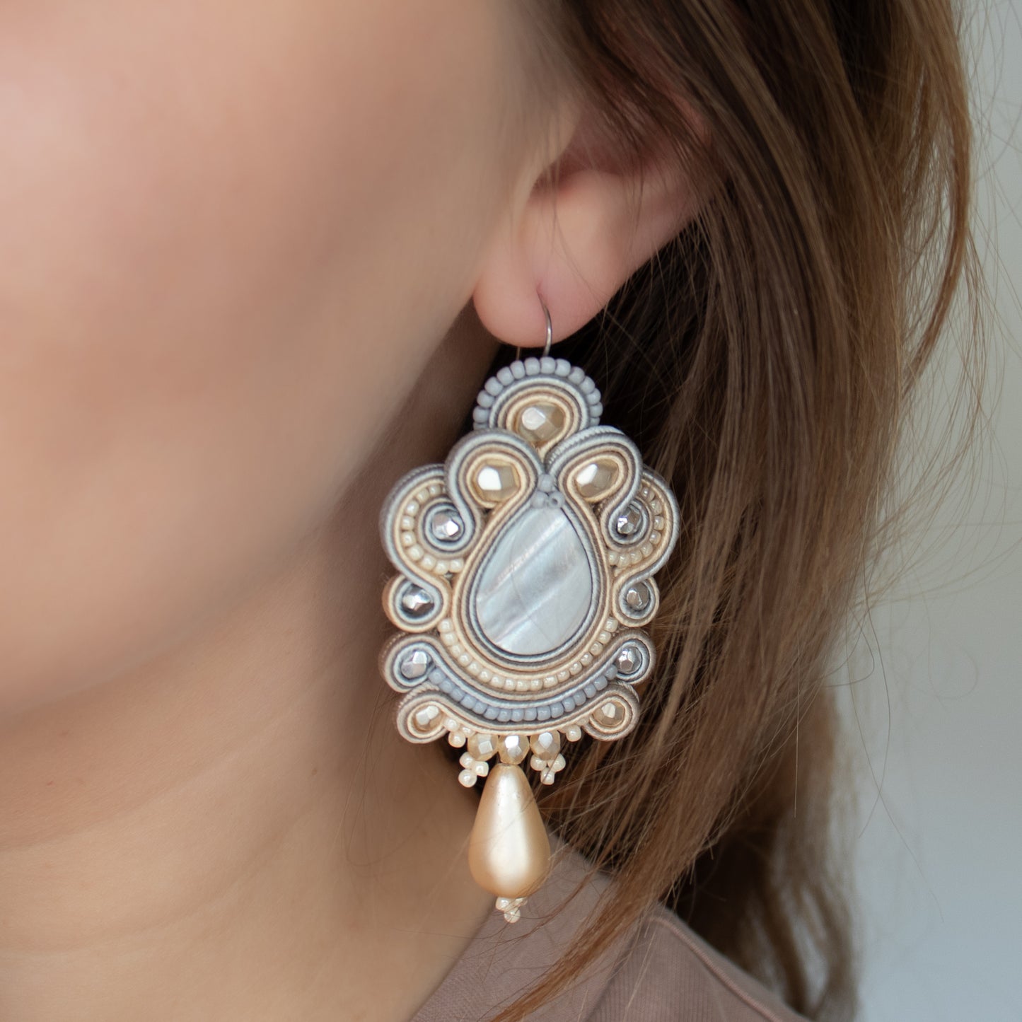 Handmade Sand, Light Grey, and Cream Soutache Earrings – Oriental and Lightweight Earrings