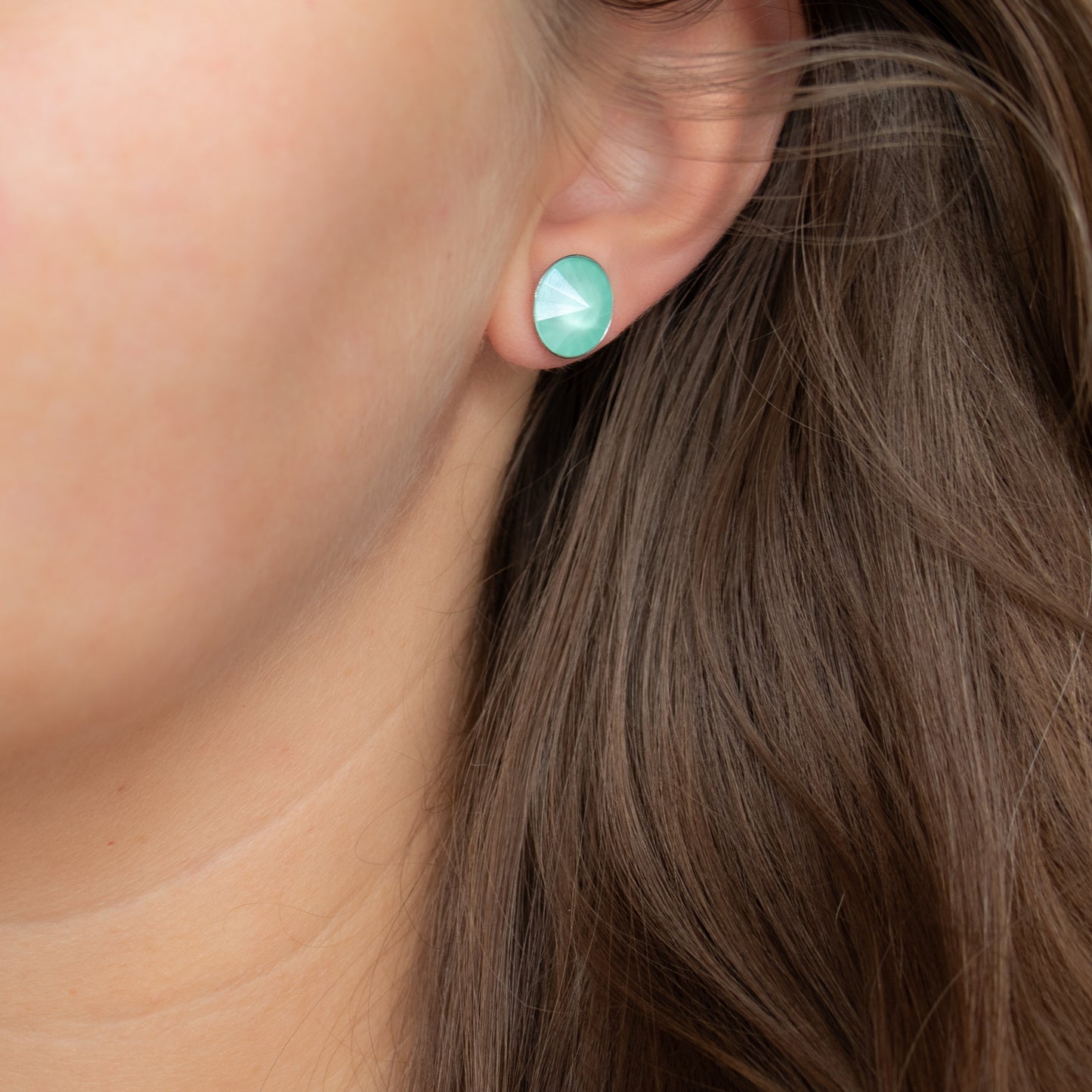 Handmade Pastel Green Circle Stud Earrings with Preciosa Crystal