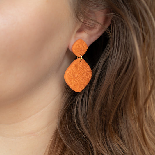 Handmade Orange Rhombus Earrings – Textured Polymer Clay Earrings