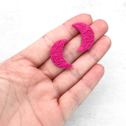 Handmade Magenta Moon Stud Earrings – Textured Polymer Clay Stud Earrings