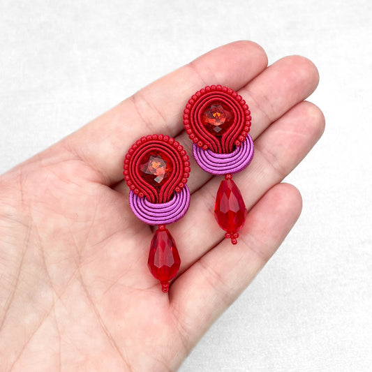 Red and magenta soutache earrings. Statement handmade earrings.