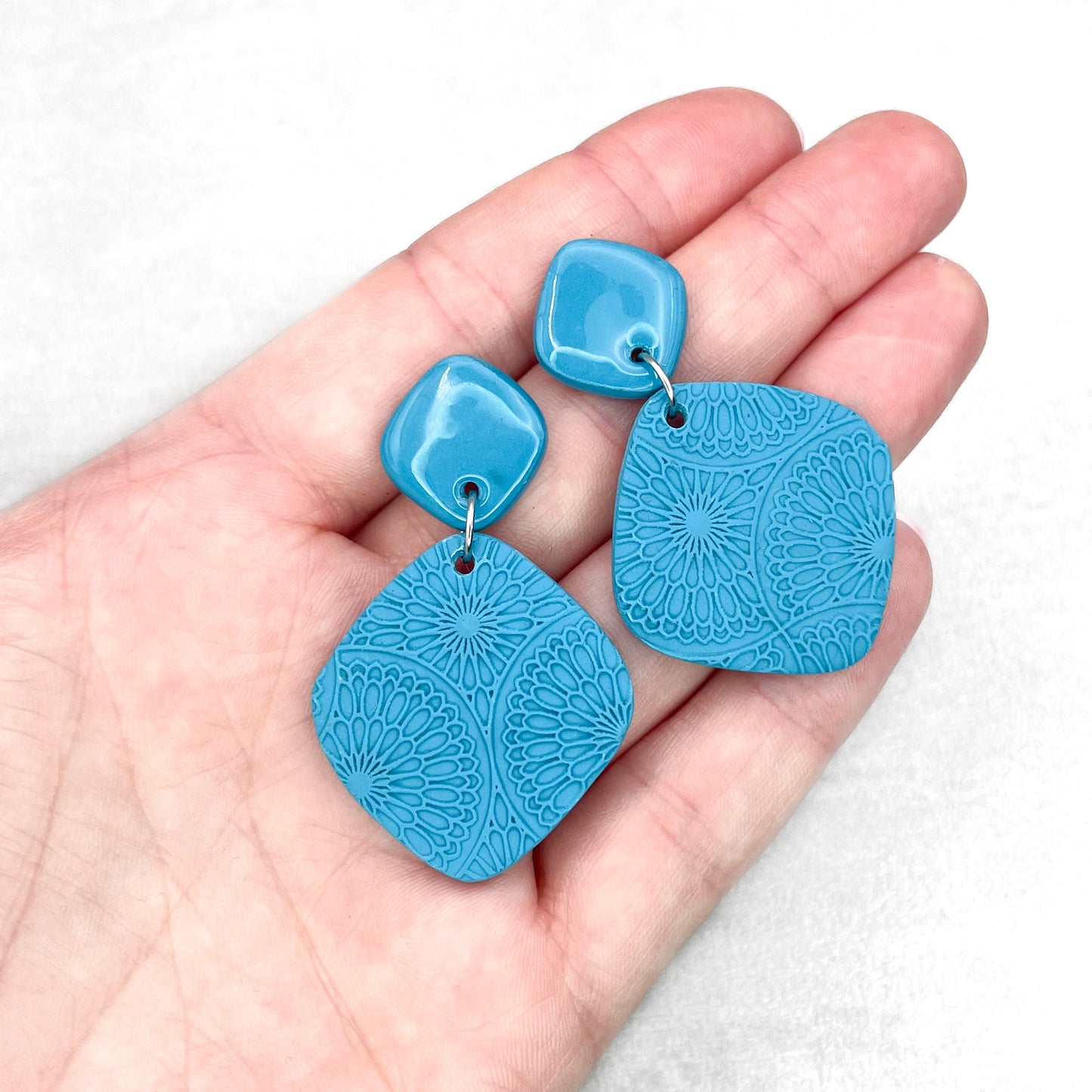 Handmade Turqouise Rhombus Earrings – Textured Polymer Clay Earrings