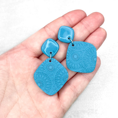 Handmade Turqouise Rhombus Earrings – Textured Polymer Clay Earrings