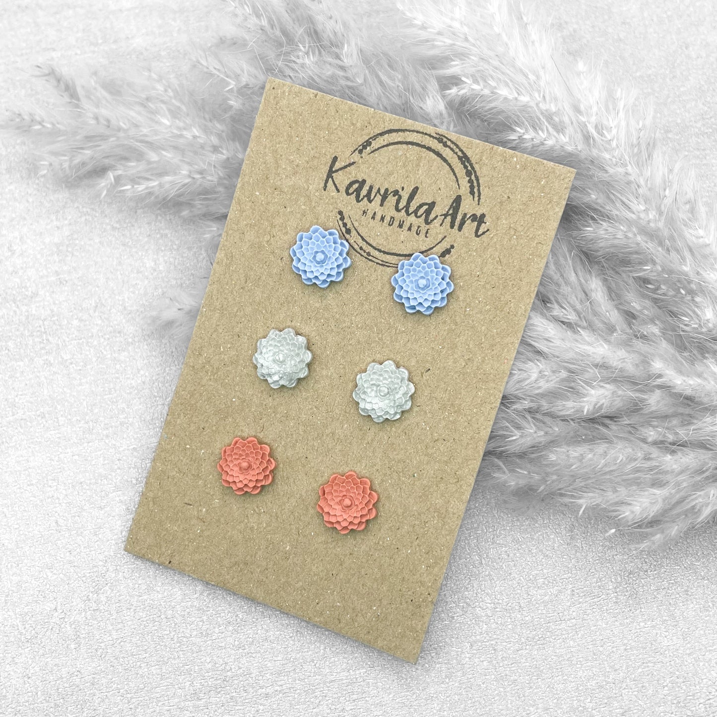 Set of 3 Pairs Flower Stud Earrings – Handmade Polymer Clay Studs