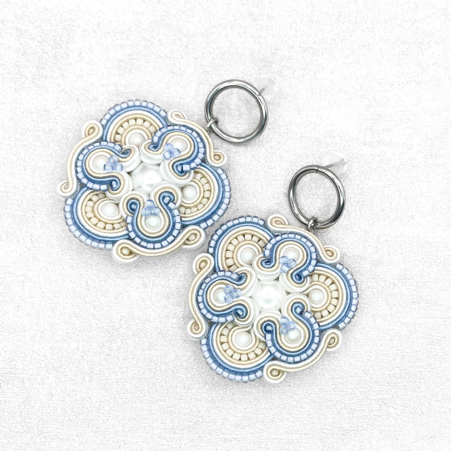 Light blue, white and cream soutache earrings. Unique and original handmade earrings.